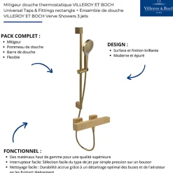 Villeroy & Boch Mitigeur douche thermostatique VILLEROY ET BOCH Universal rectangle + Ensemble de douche Verve Showers 3 jets Or brossé* Colonne De Douche Thermostatique