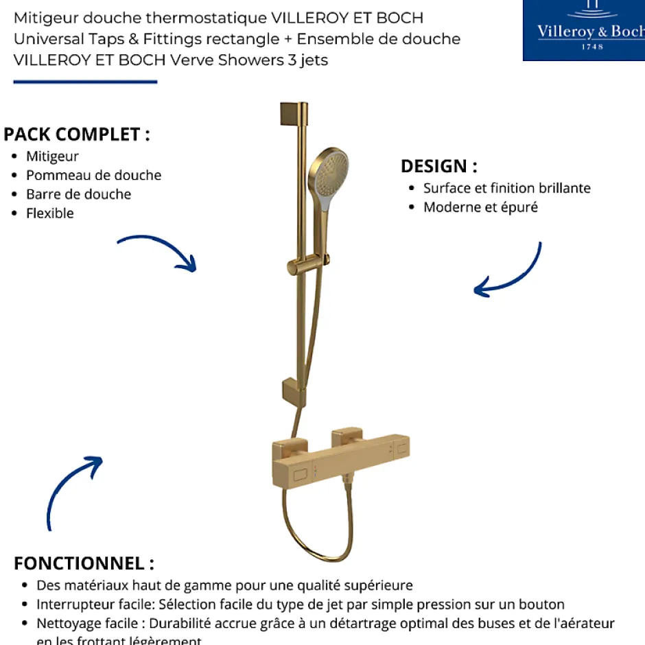 Villeroy & Boch Mitigeur douche thermostatique VILLEROY ET BOCH Universal rectangle + Ensemble de douche Verve Showers 3 jets Or brossé* Colonne De Douche Thermostatique