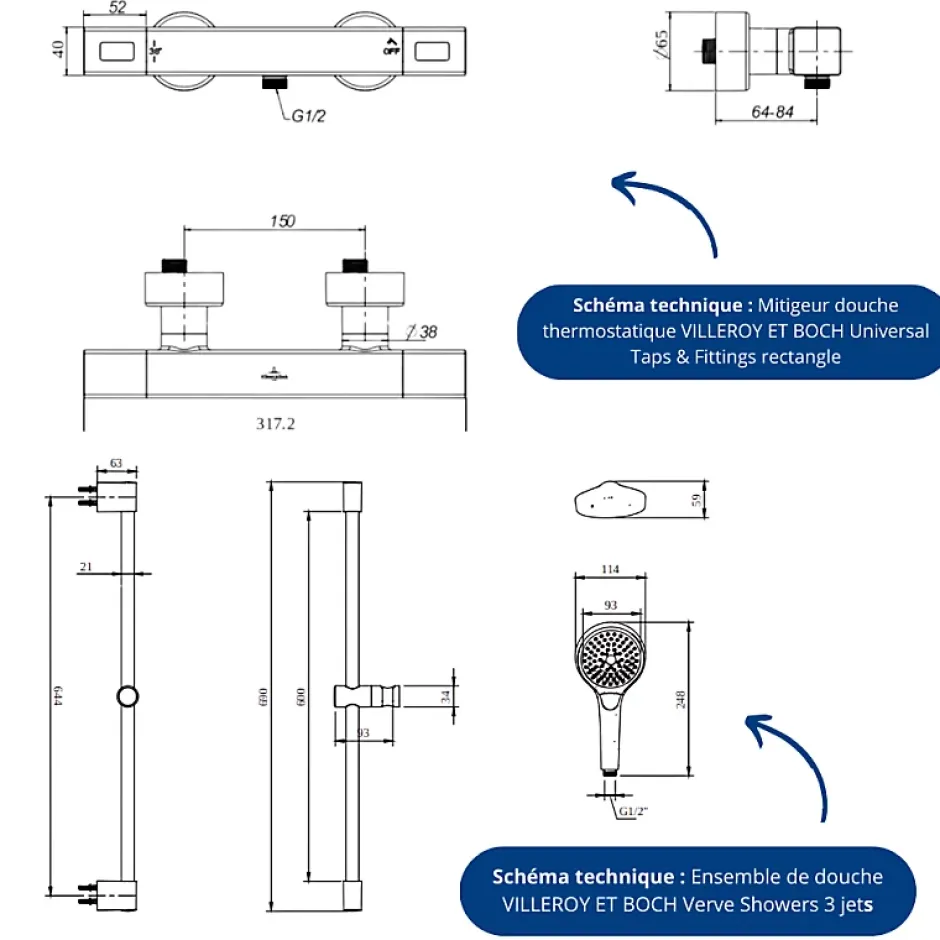 Villeroy & Boch Mitigeur douche thermostatique VILLEROY ET BOCH Universal rectangle + Ensemble de douche Verve Showers 3 jets Or brossé* Colonne De Douche Thermostatique