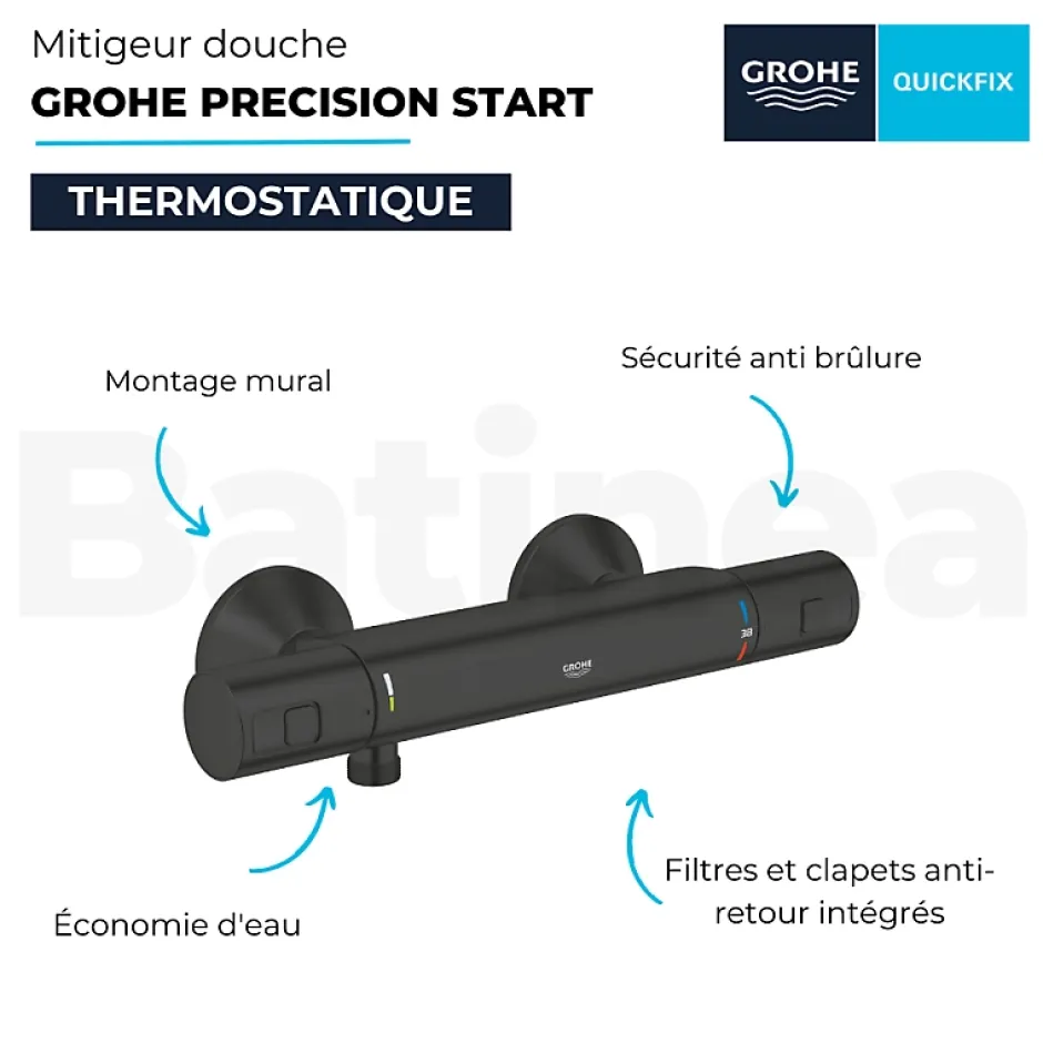 Grohe Mitigeur douche thermostatique Precision Start + Ensemble de douche avec barre 2 jets + Tablette de douche d'angle* Colonne De Douche Thermostatique
