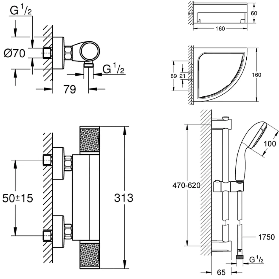 Grohe Mitigeur douche thermostatique Precision Start + Ensemble de douche avec barre 2 jets + Tablette de douche d'angle* Colonne De Douche Thermostatique