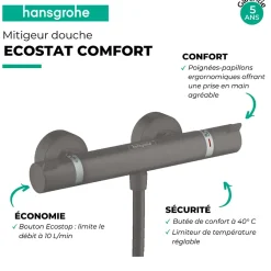 Hansgrohe Mitigeur douche thermostatique Ecostat Comfort noir chromé brossé* Robinet De Douche