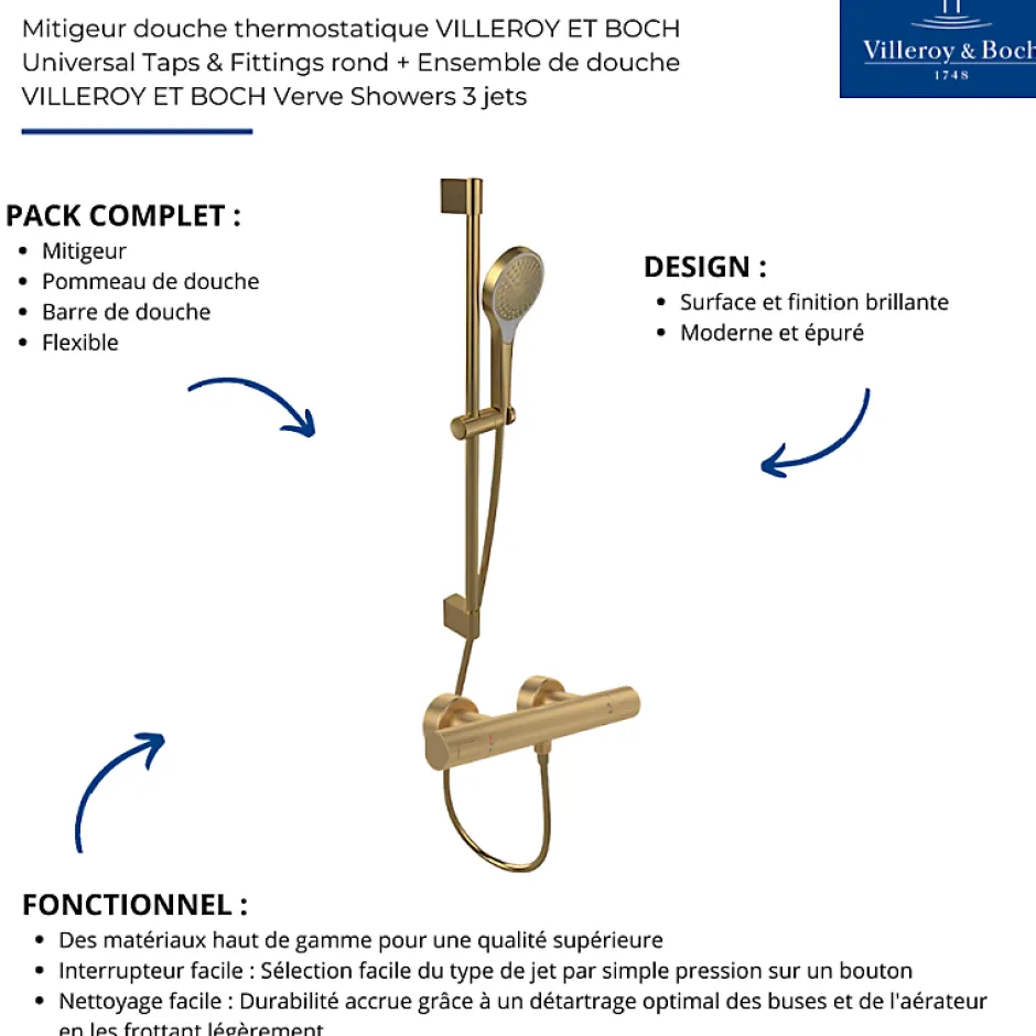 Villeroy & Boch Mitigeur douche thermostatique VILLEROY ET BOCH Universal rond + Ensemble de douche Verve Showers 3 jets Or brossé* Colonne De Douche Thermostatique