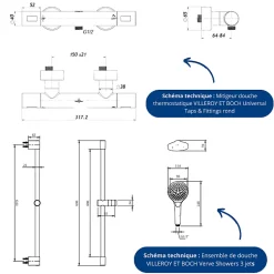 Villeroy & Boch Mitigeur douche thermostatique VILLEROY ET BOCH Universal rond + Ensemble de douche Verve Showers 3 jets Or brossé* Colonne De Douche Thermostatique