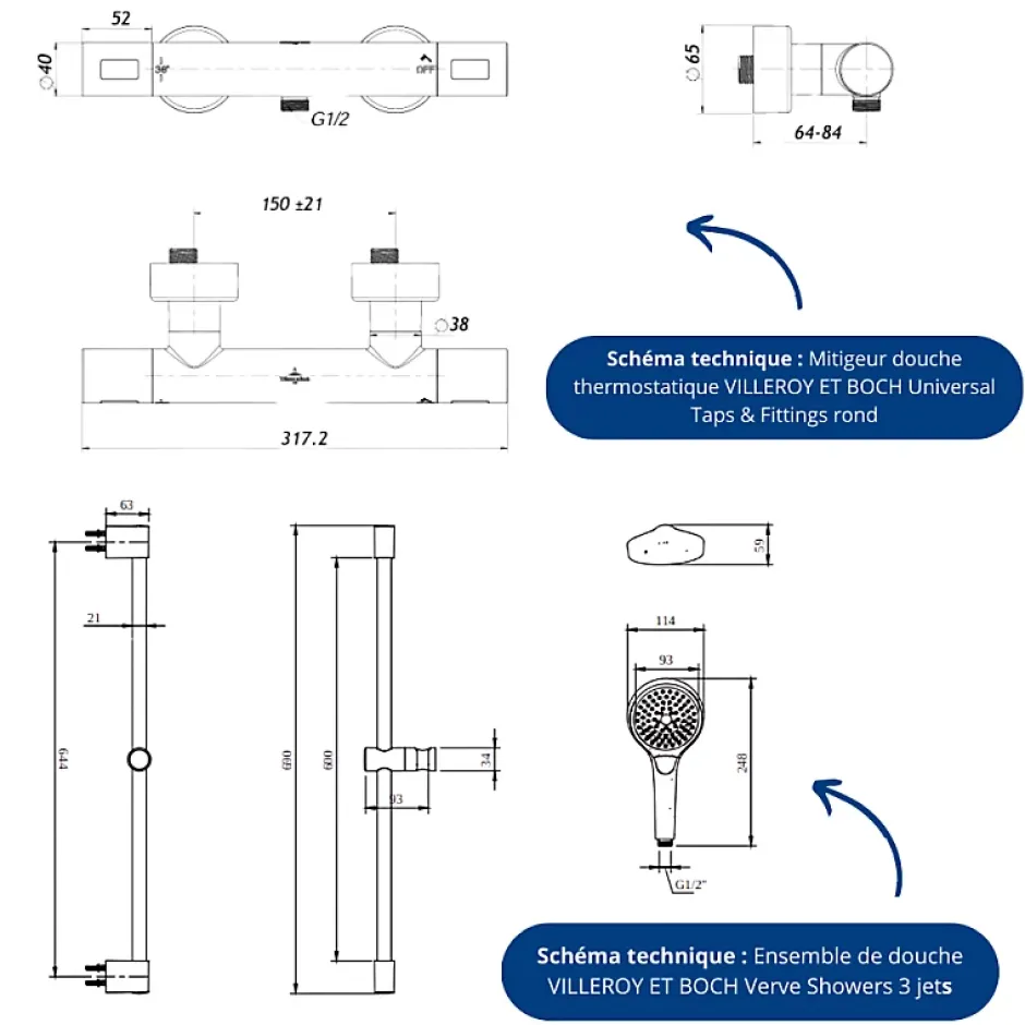 Villeroy & Boch Mitigeur douche thermostatique VILLEROY ET BOCH Universal rond + Ensemble de douche Verve Showers 3 jets Or brossé* Colonne De Douche Thermostatique