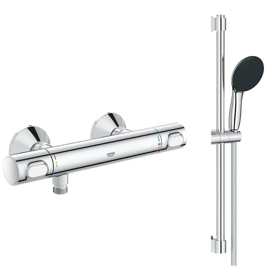 Grohe Mitigeur douche thermostatique Precision Flow + Ensemble de douche 2 jets avec barre Chromé