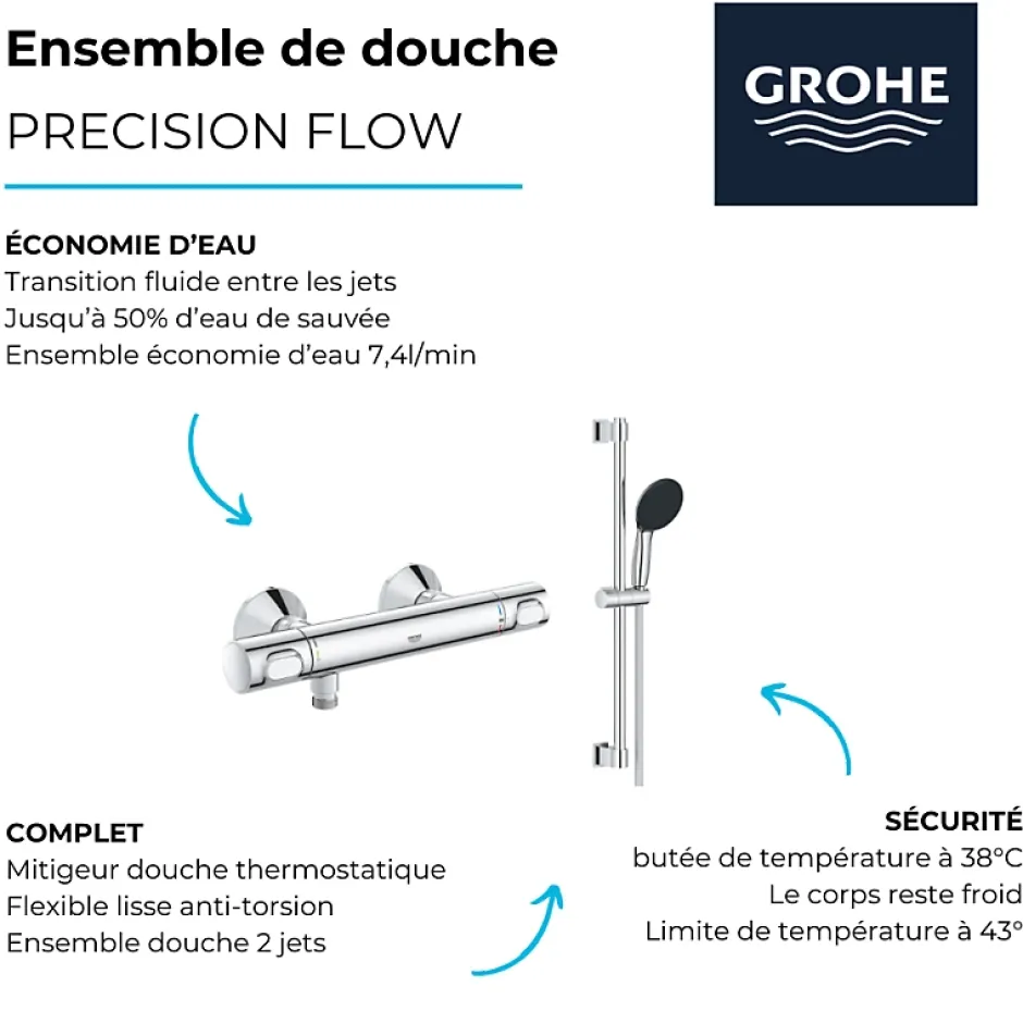 Grohe Mitigeur douche thermostatique Precision Flow + Ensemble de douche 2 jets avec barre Chromé