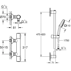 Grohe Mitigeur douche thermostatique Precision Flow + Ensemble de douche 2 jets avec barre Chromé