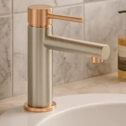 Essebagno Mitigeur lavabo bas façon inox et or rose Envol
