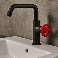Essebagno Mitigeur lavabo bas noir et manette rouge Indus* Robinet Lavabo Et Vasque