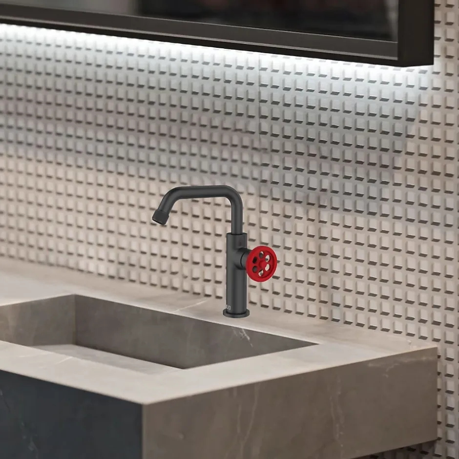 Essebagno Mitigeur lavabo bas noir et manette rouge Indus* Robinet Lavabo Et Vasque