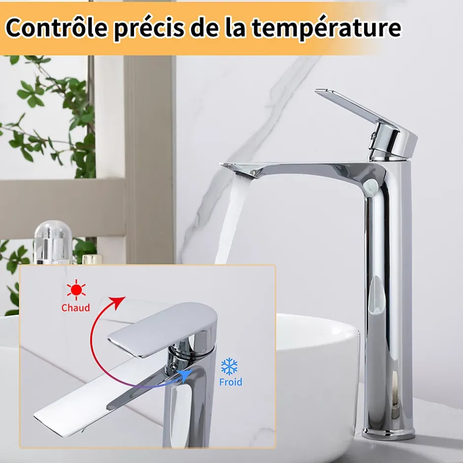 Homelody Mitigeur Lavabo Chromé Bec Haut Monocommande Robinet de Lavabo Eau Chaude et Froide pour Vasque à Poser Salle de Bain* Robinet Lavabo Et Vasque