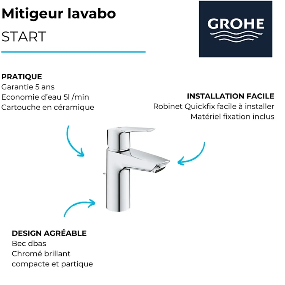 Grohe Mitigeur lavabo Quickfix Start 2021 avec tirette et vidage chromé taille S