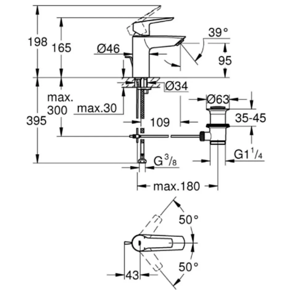 Grohe Mitigeur lavabo Quickfix Start 2021 avec tirette et vidage chromé taille S