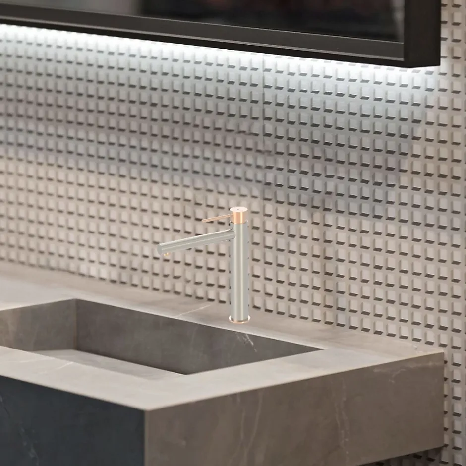 Essebagno Mitigeur lavabo haut façon inox et or rose Envol