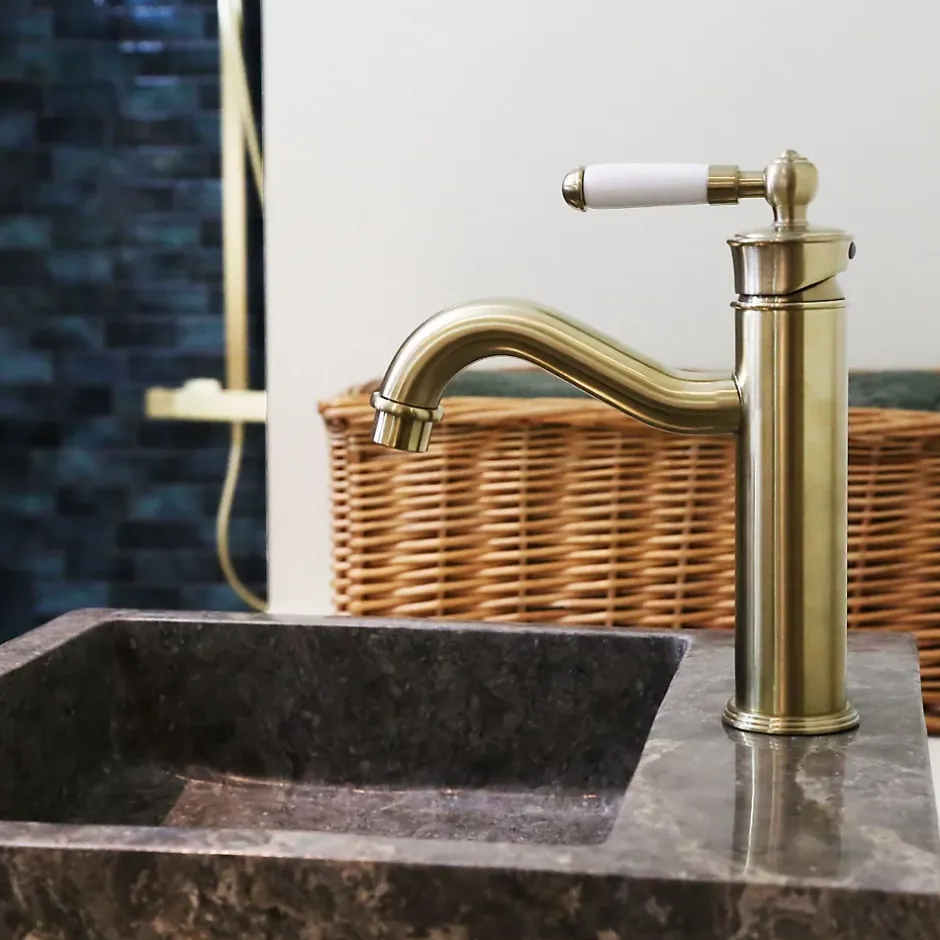 Essebagno Mitigeur lavabo rétro bas or brossé Leeds* Robinet Lavabo Et Vasque