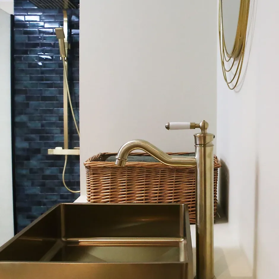Essebagno Mitigeur lavabo rétro haut or brossé Leeds* Robinet Lavabo Et Vasque