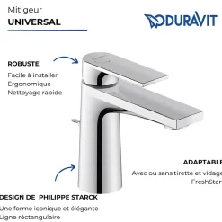 Duravit Mitigeur lavabo taille S Tulum Freshstart chromé sans tirette ni vidage
