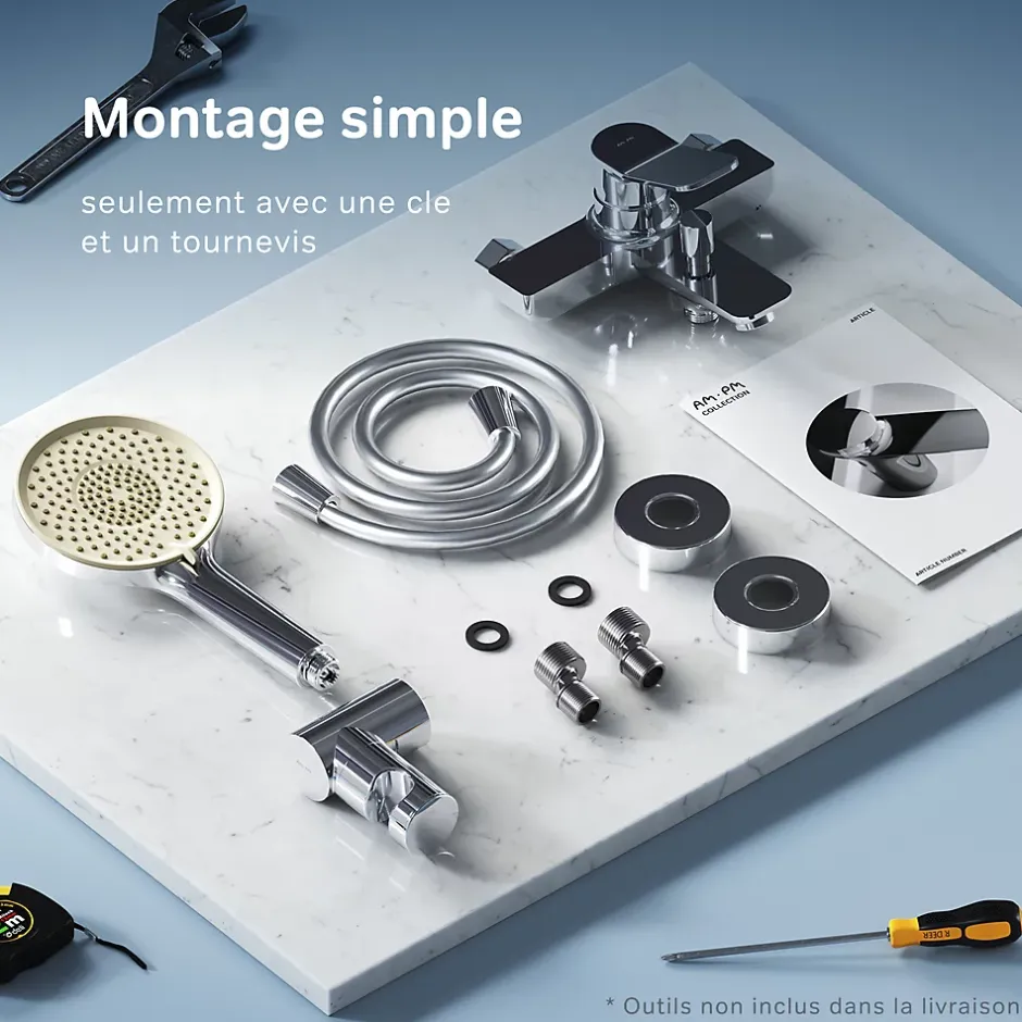 Am.Pm Europe Mitigeur mécanique de baignoire avec douchette et support Robinet Salle de Bain Chromé, FXA15000 X-Joy AM.PM