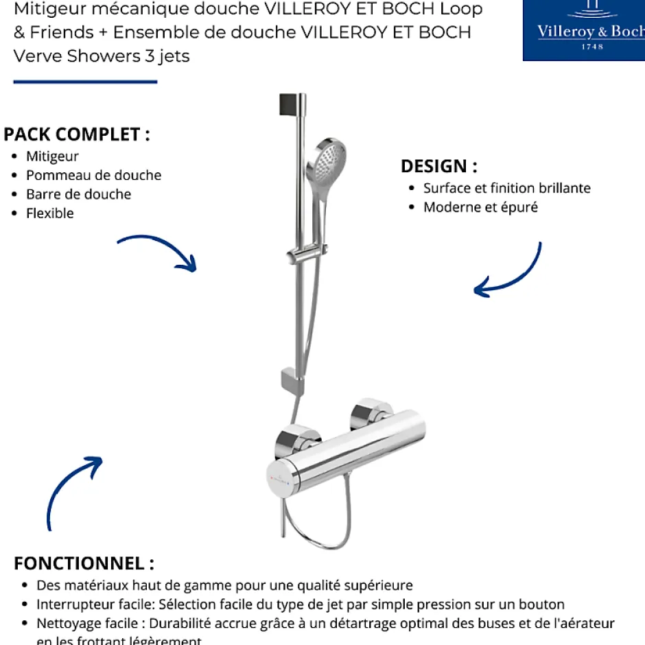 Villeroy & Boch Mitigeur mécanique douche VILLEROY ET BOCH Loop & Friends Chrome + Ensemble de douche VILLEROY ET BOCH Verve Showers 3 jets Chrome* Colonne De Douche Mécanique