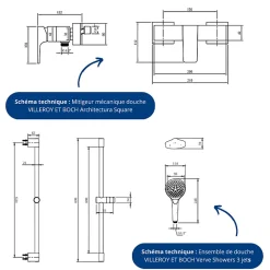 Villeroy & Boch Mitigeur mécanique douche VILLEROY ET BOCH Architectura Square + Ensemble de douche Verve Showers 3 jets Or brossé