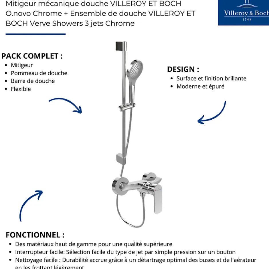 Villeroy & Boch Mitigeur mécanique douche VILLEROY ET BOCH O.novo Chrome + Ensemble de douche VILLEROY ET BOCH Verve Showers 3 jets Chrome