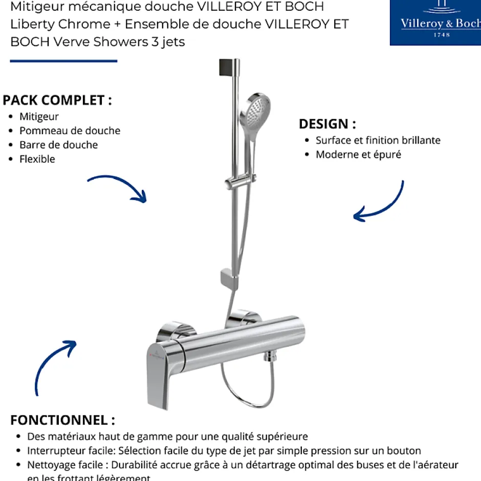 Villeroy & Boch Mitigeur mécanique douche VILLEROY ET BOCH Liberty Chrome + Ensemble de douche VILLEROY ET BOCH Verve Showers 3 jets Chrome* Colonne De Douche Mécanique