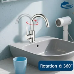 AICA Sanitaire Mitigeur pivotant 360, argent, acier inoxydable, eau chaude/froide, facile à installer, lavabo, petite cuisine, bain/cuisine* Robinet Lavabo Et Vasque