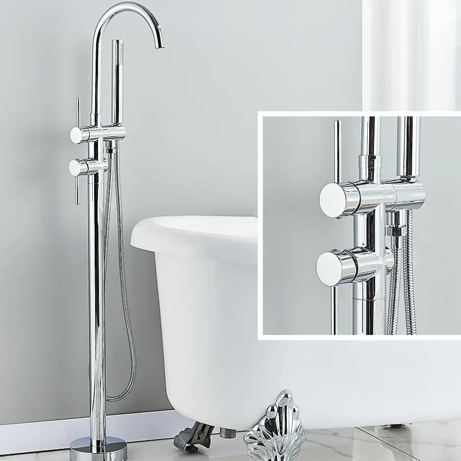 Signature Mitigeur pour baignoire îlot Chrome Bec cascade, douchette, laiton massif* Robinet De Baignoire