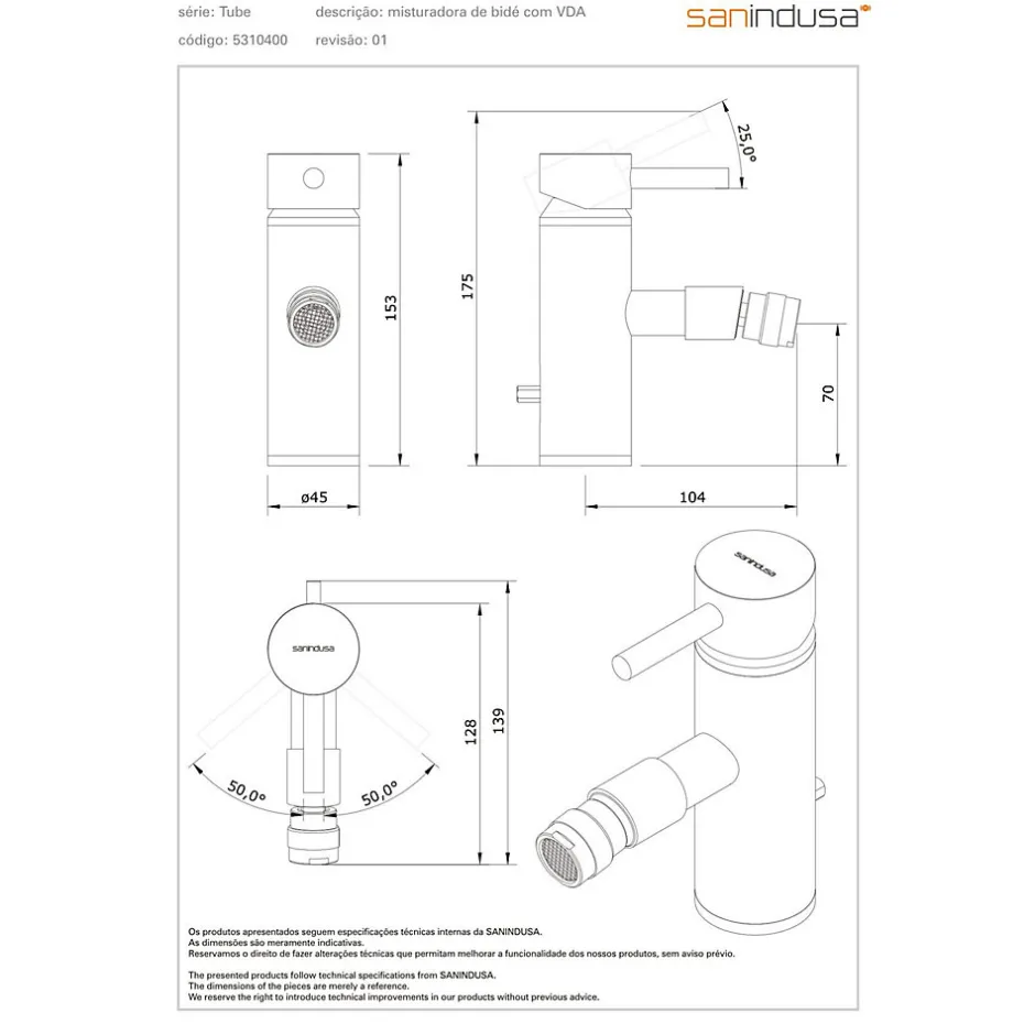 Sanindusa Mitigeur pour bidet bec contemporain Tube chromé livré avec 2 flexibles et son vidage à tirette* Robinet De Bidet