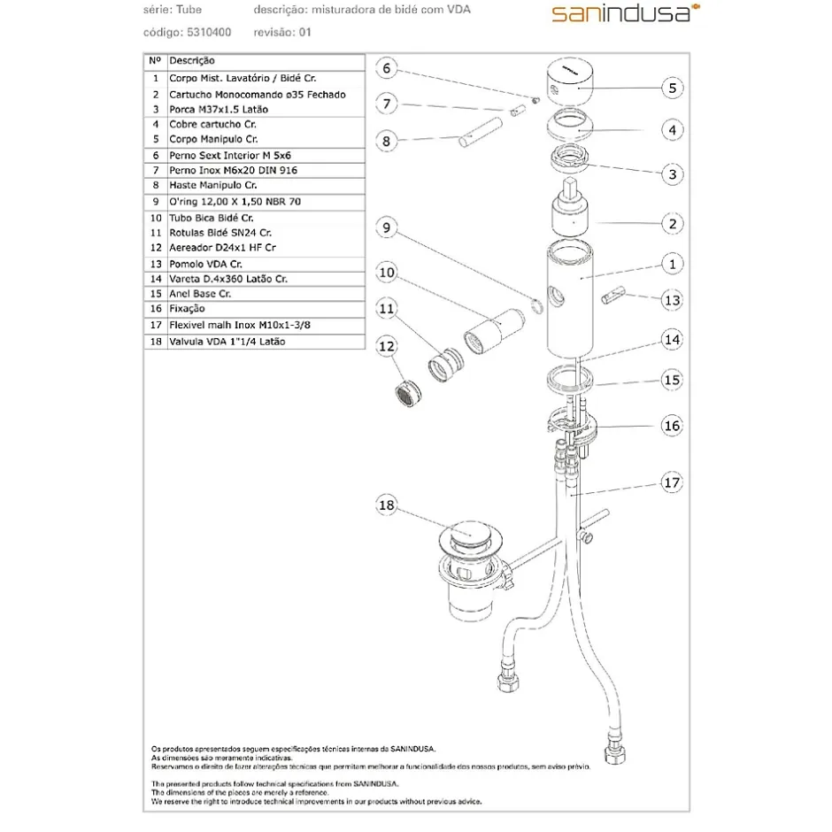 Sanindusa Mitigeur pour bidet bec contemporain Tube chromé livré avec 2 flexibles et son vidage à tirette* Robinet De Bidet