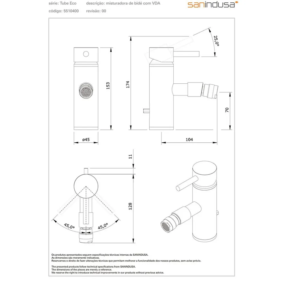 Sanindusa Mitigeur pour bidet bec contemporain mousseur Éco Tube chromé livré avec 2 flexibles et son vidage à tirette* Robinet De Bidet