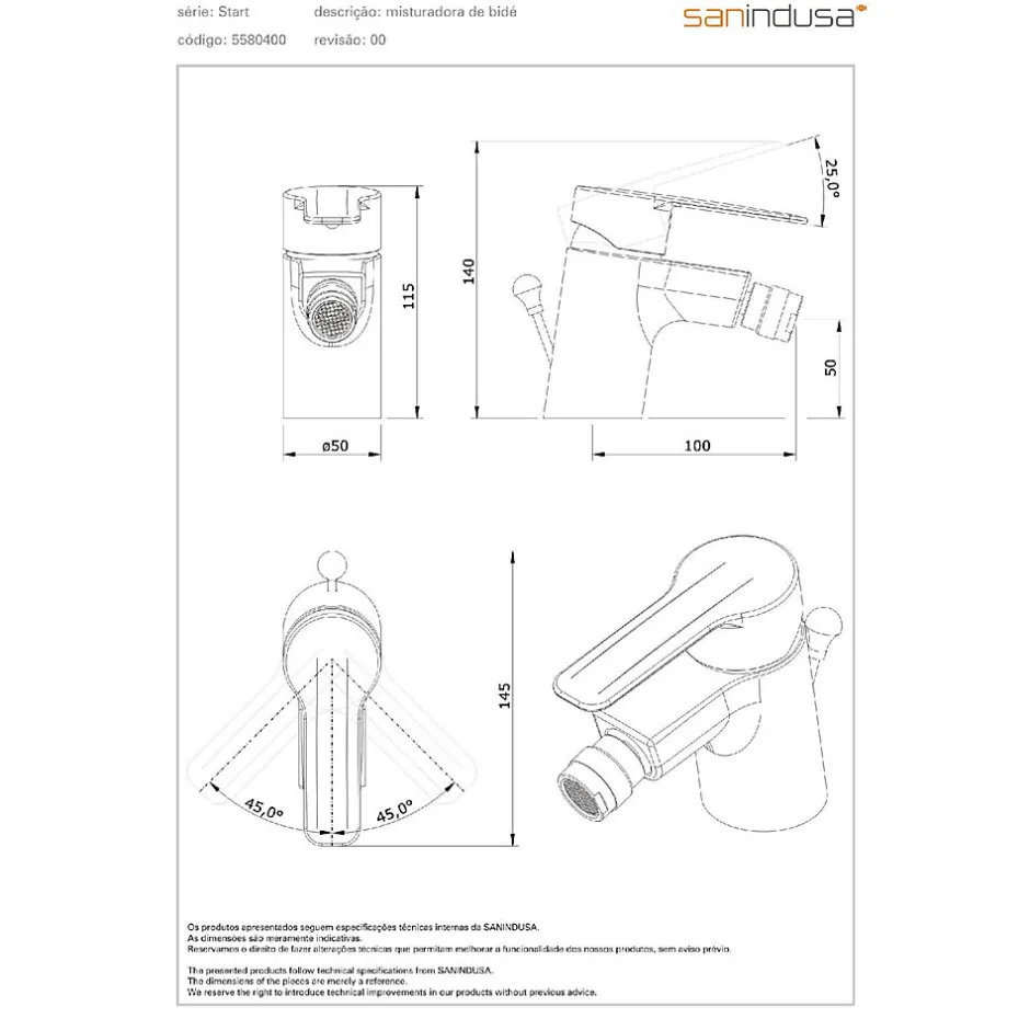 Sanindusa Mitigeur pour bidet mousseur orientable Alfa Start chromé livré avec 2 flexibles et son vidage à tirette