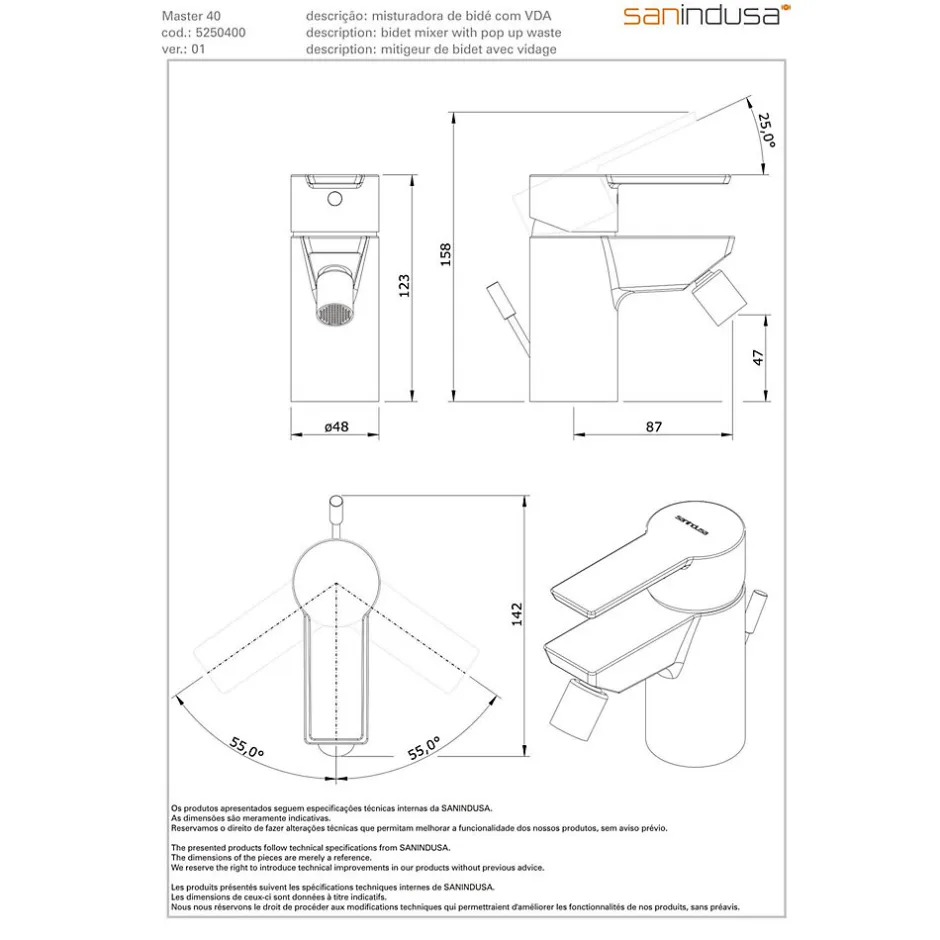 Sanindusa Mitigeur pour bidet Master 40 chromé mode éco par limiteur de débit* Robinet De Bidet