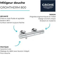 Grohe Mitigeur thermostatique douche Grohtherm 800 chromé avec filtres intégrés