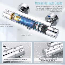 Todot Mitigeur Thermostatique Douche en Laiton Massif Chromé Mural avec Bouton de Sécurité