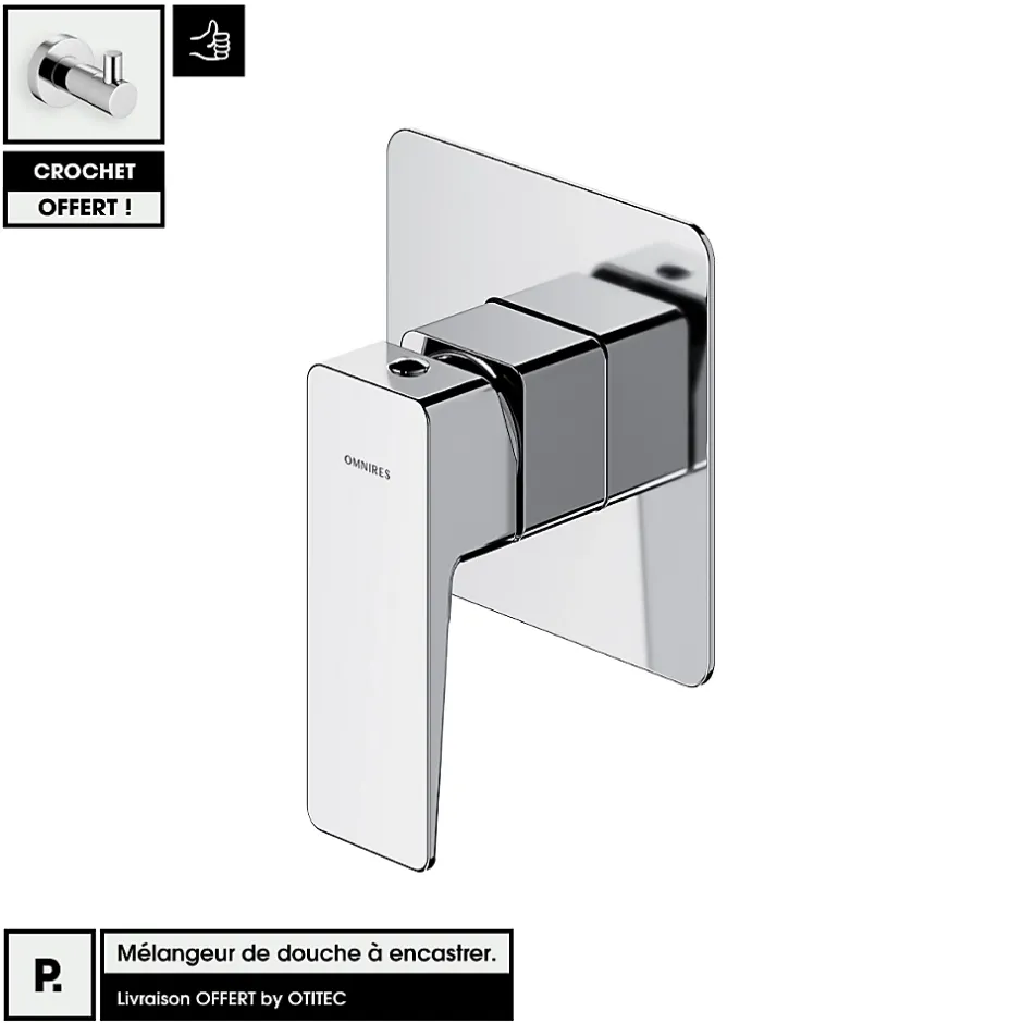 Otitec Mélangeur de douche à encastrer - Chrome - avec Crochet OFFERT - PARMA* Robinet De Baignoire