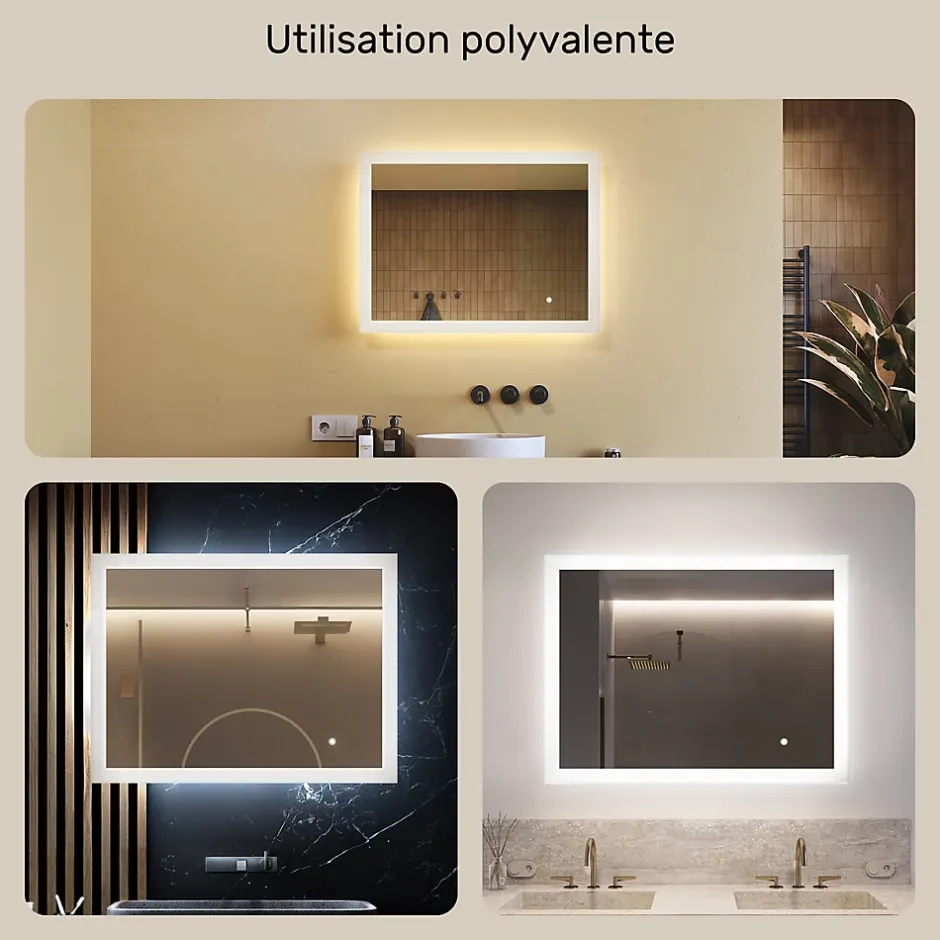 Artforma Mural Miroir LED 80x60 Miroir Salle de Bain avec tactile et 3 temperatures de Couleur