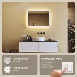 Artforma Mural Miroir LED 80x60 Miroir Salle de Bain avec tactile et 3 temperatures de Couleur