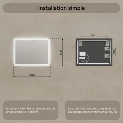 Artforma Mural Miroir LED 80x60 Miroir Salle de Bain avec tactile et 3 temperatures de Couleur