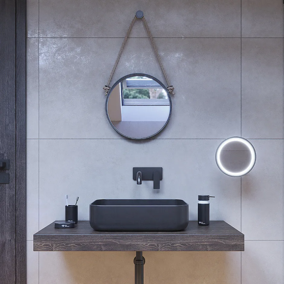 Naturel Miroir mural rond avec cadre en métal 40x40 cm, Noir (ZLAN40C)