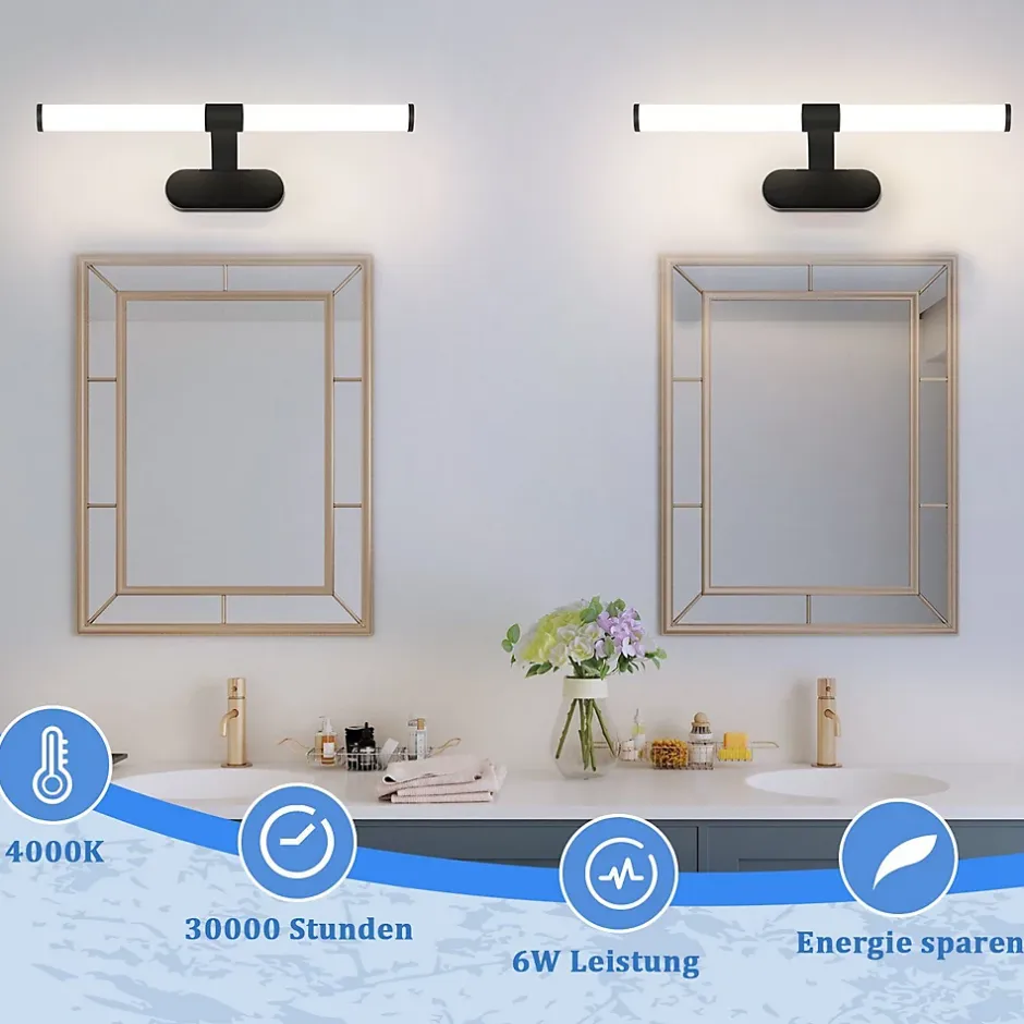 Nettlife Applique LED salle de bain, lampe miroir LED, lumière blanche neutre 4000 Kelvin, 6W, étanche IP44, largeur 400mm,noire* Miroir Grossissant Lumineux