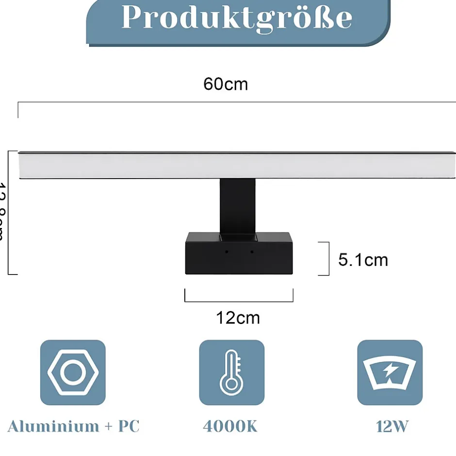 Nettlife Lampe Miroir LED IP44 12W 60cm Blanc Neutre 4000K Salle de Bain Noire