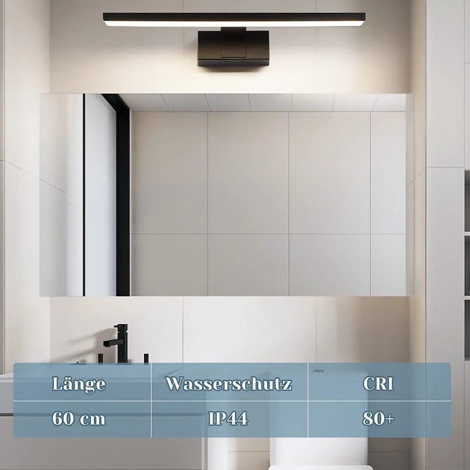 Nettlife Lampe Miroir LED IP44 12W 60cm Blanc Neutre 4000K Salle de Bain Noire