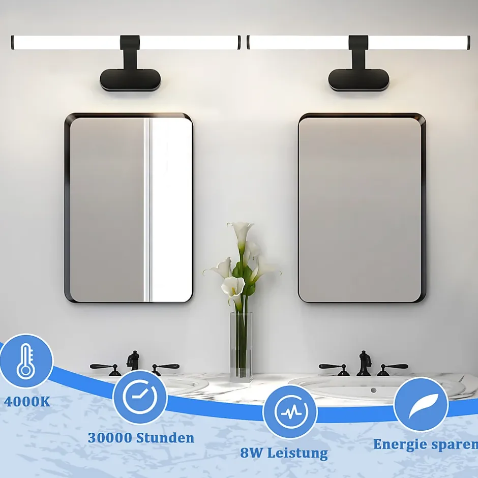 Nettlife LED Lampe Miroir 4000K IP44 8W 60CM Noir Lampe Murale Moderne Étanche* Miroir Grossissant Lumineux