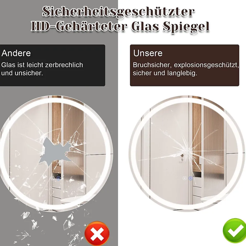 Nettlife Miroir lumineux salle de bain - Rond 50 cm LED, mural, interrupteur tactile, antibuée, IP44, réglable 3000K-6500K