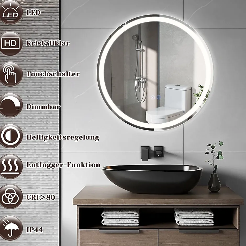 Nettlife Miroir lumineux salle de bain - Rond 50 cm LED, mural, interrupteur tactile, antibuée, IP44, réglable 3000K-6500K