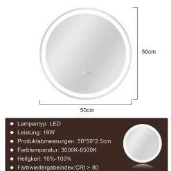 Nettlife Miroir lumineux salle de bain - Rond 50 cm LED, mural, interrupteur tactile, antibuée, IP44, réglable 3000K-6500K