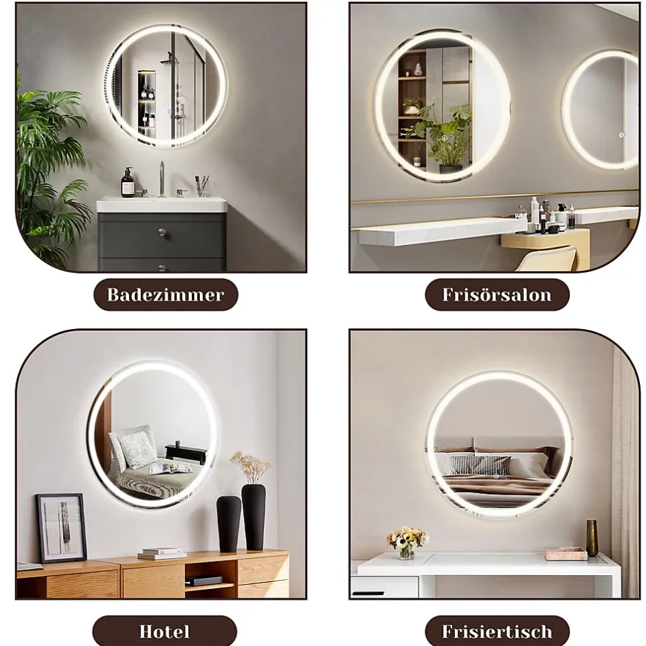 Nettlife Miroir lumineux salle de bain - Rond 50 cm LED, mural, interrupteur tactile, antibuée, IP44, réglable 3000K-6500K