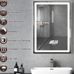 Nettlife Miroir lumineux salle de bain - 50x70 cm LED, mural, IP44, interrupteur tactile, horloge, antibuée, réglable
